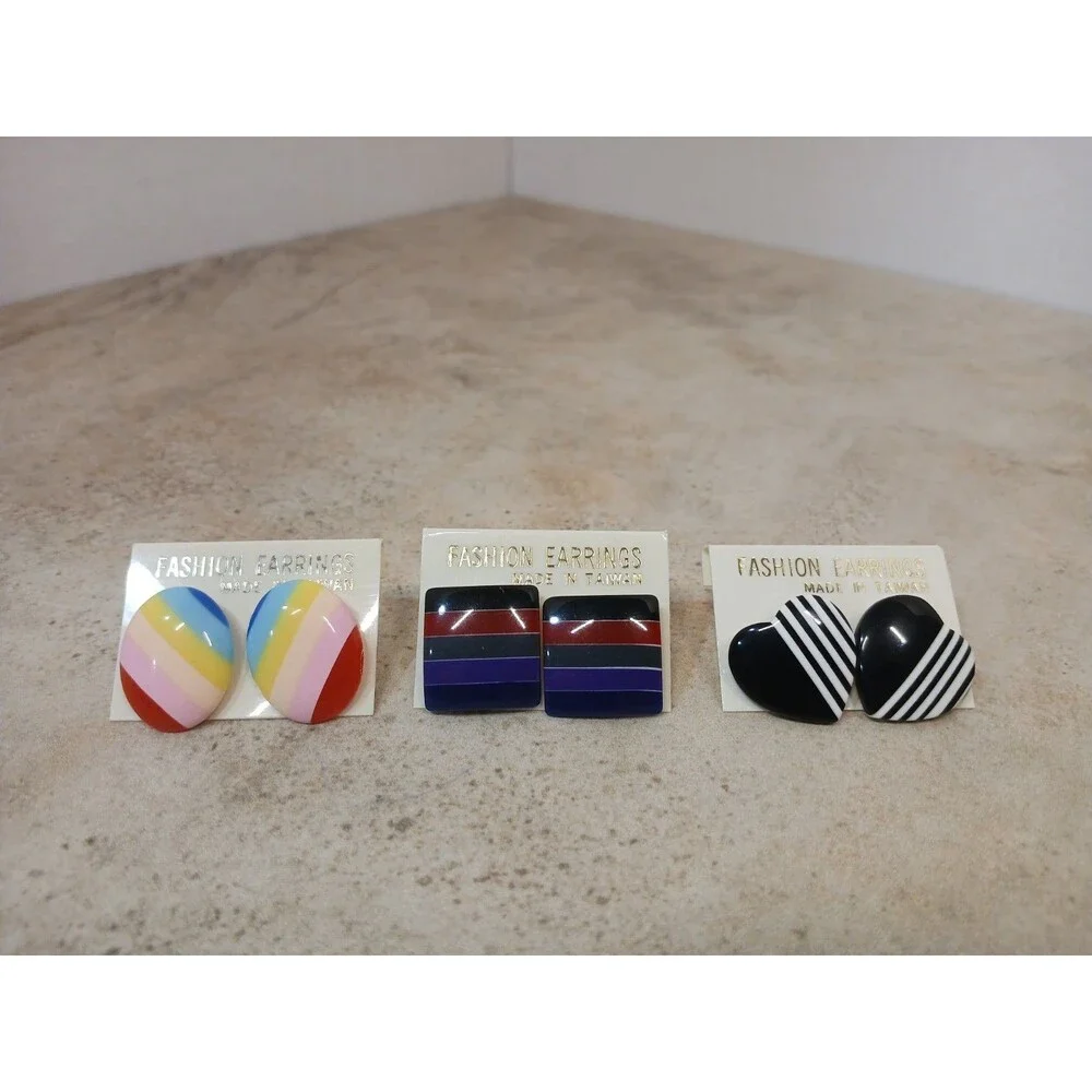 Retro Stud Earrings Striped Hearts Ovals & Squares 3 pair Acrylic